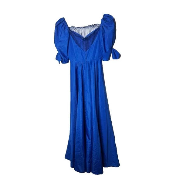 Vintage 1980's ILGWU Blue Evening Gown Prom Dress Sweeping Prairie Puff Sleeve - Picture 9 of 12